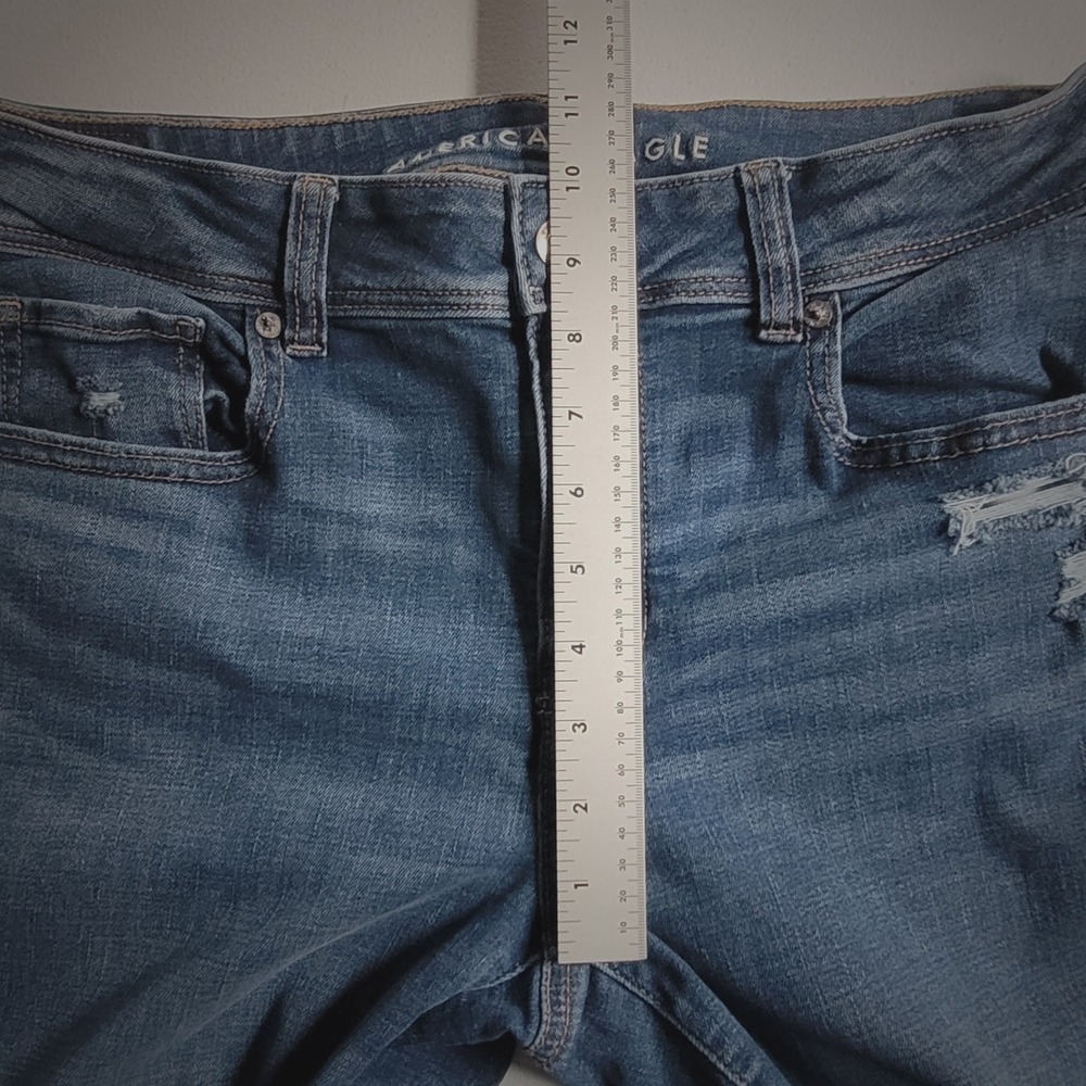 American Eagle Kick Boot Jeans Size 12 Short Blue Dark Wash Distressed Stretch - Picture 4 of 9